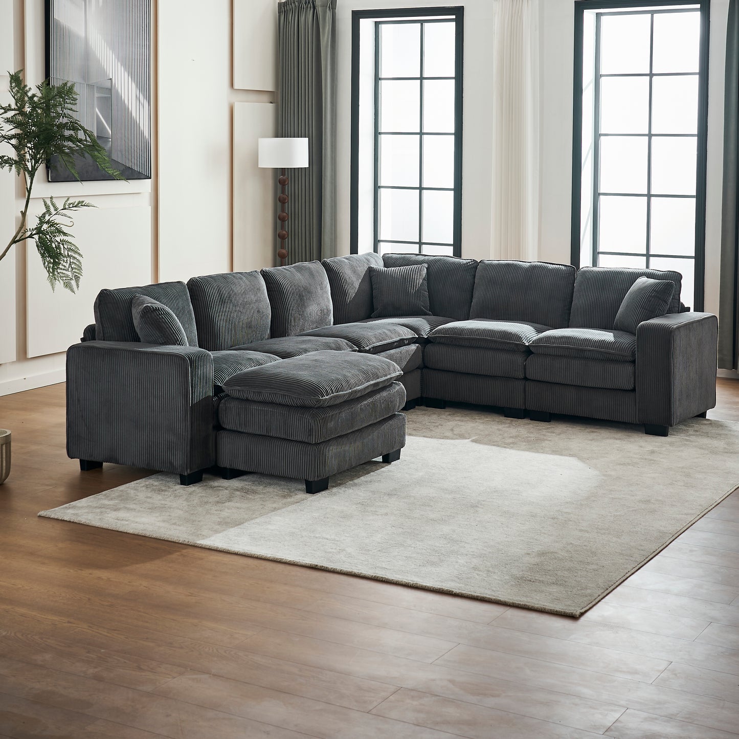 Modern U Shaped 6-seat Sectional Sofa Couch with one Ottoman and three toss pillows ,Modular Sofa for Living Room,Corduroy sofa