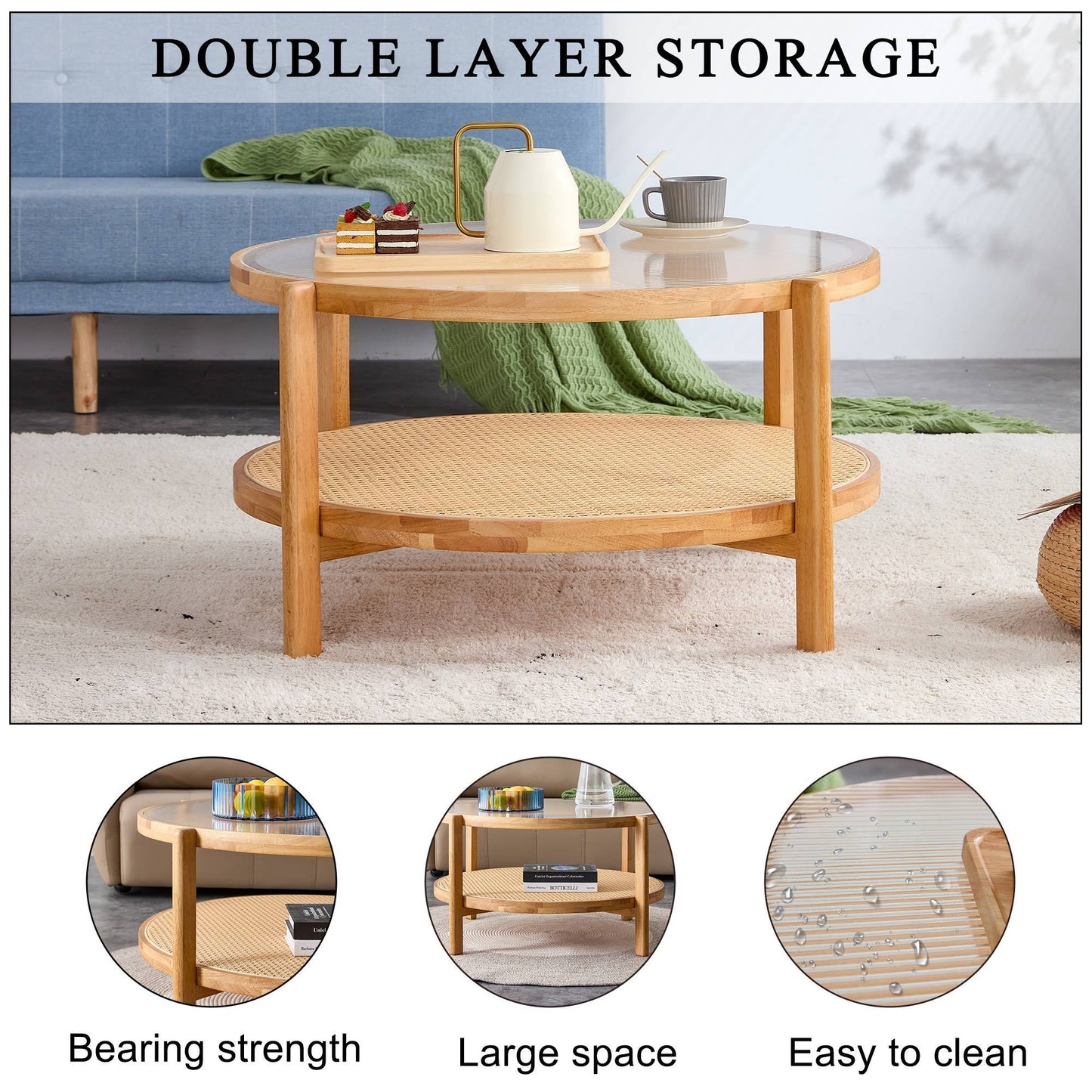 Modern simple circular double-layer solid wood tea table rattan woven Chinese side table small round table suitable for living room, dining room and bedroom