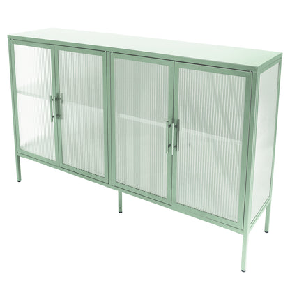 Stylish 4-Door Tempered Glass Cabinet with 4 Glass Doors Adjustable Shelf and Feet Anti-Tip Dust-free Fluted Glass Kitchen Credenza Light Green