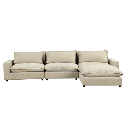 128" Sectional Sofa Cloud Sofa Chenille Upholstered Sofa  Couch with Movable Ottoman, Comfortable Seat Cushions, Charging Ports and Three Back Pillows for Living Room, Beige