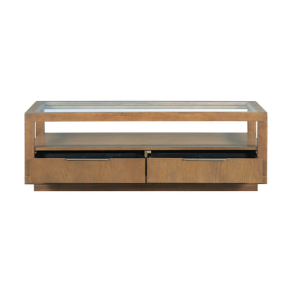 U-Can Modern Wood Coffee Table with 2 Drawers ,Minimalist Display Coffee Table with Transparent Tempered Glass, Open Storage Shelf for Living Room