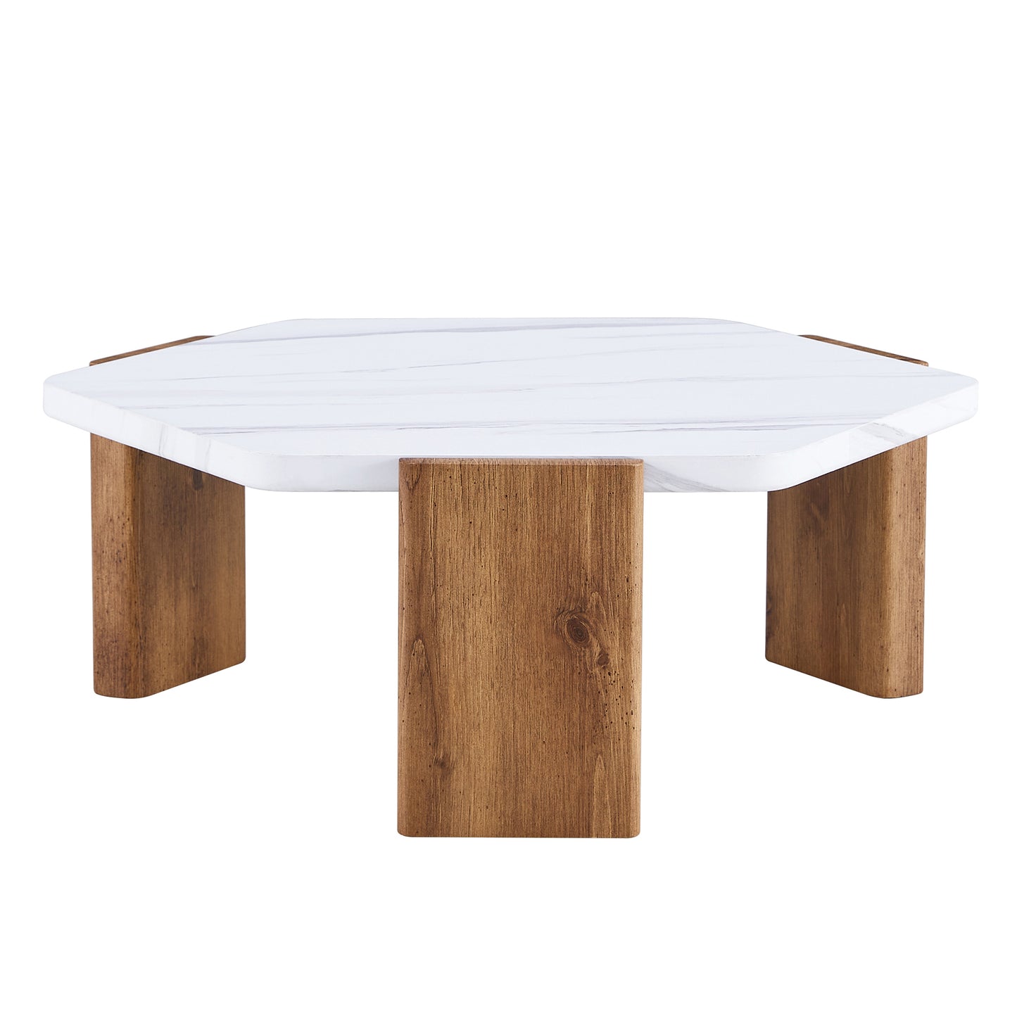 Modern practical MDF coffee table with white tabletop and wooden toned legs. Suitable for living rooms and guest rooms.