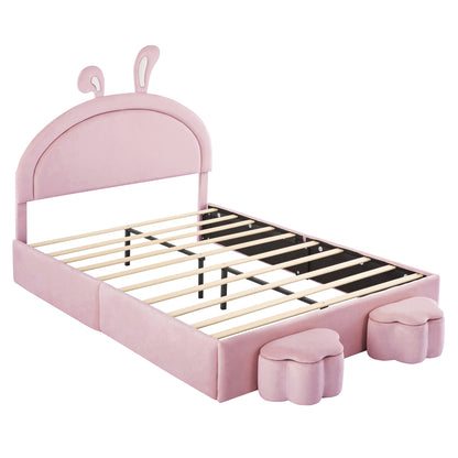 Full size Upholstered Rabbit-Shape Bed with 2 Storage Stools, Velvet Platform Bed with Cartoon Ears Shaped Headboard, Pink