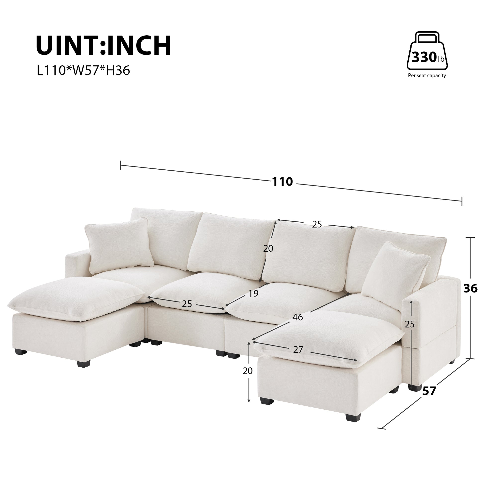 [VIDEO provided] [New] 110*57" Modern U Shape Modular Sofa, 6 Seat Chenille Sectional Couch Set with 2 Pillows Included, Freely Combinable Indoor Funiture for Living Room, Apartment, Office, 2 Colors