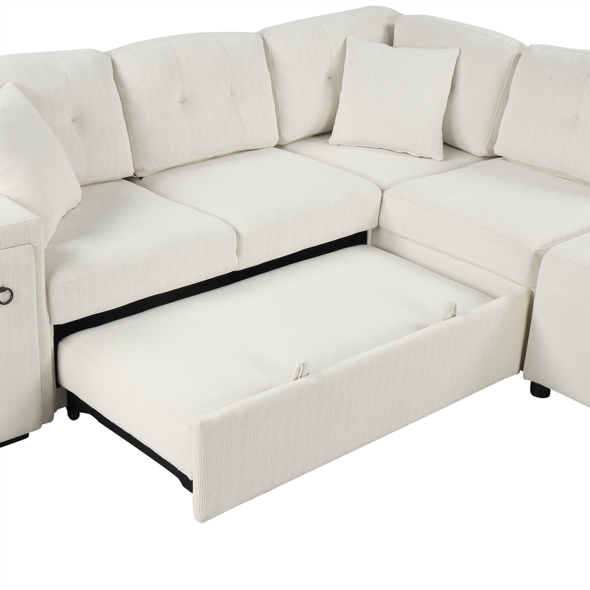 86.6" Sectional Sofa L-shaped Sofa Couch Pull-out Sofa Bed with a Movable Ottoman, Two USB Ports  and Two Cup Holders for Living Room, Beige