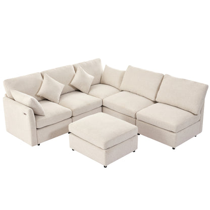 85.4" Sectional Sofa Modular Sofa U-shaped Sofa Couch Sofa Bed L-shaped Sofa with a Movable Ottoman and Two USB Ports for Living Room, Beige