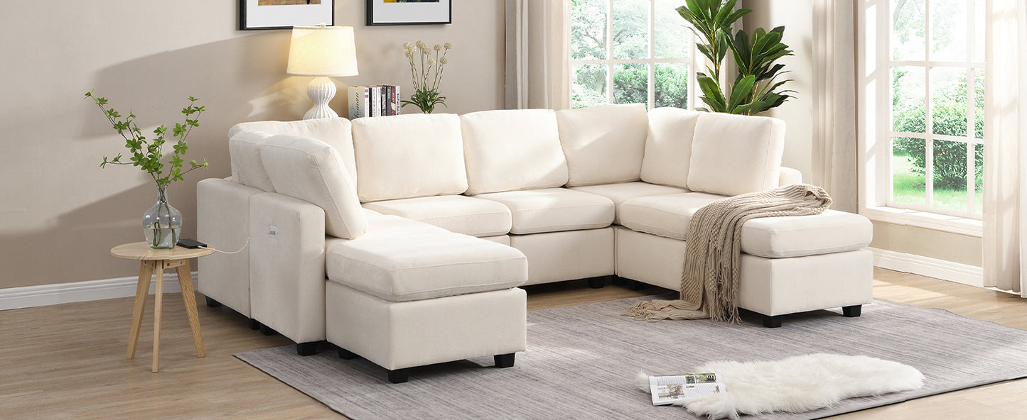 103" Sectional Sofa Couch Sofa Bed U-shaped Sofa with Two Movable Ottoman and Three USB Ports for Living Room, Beige