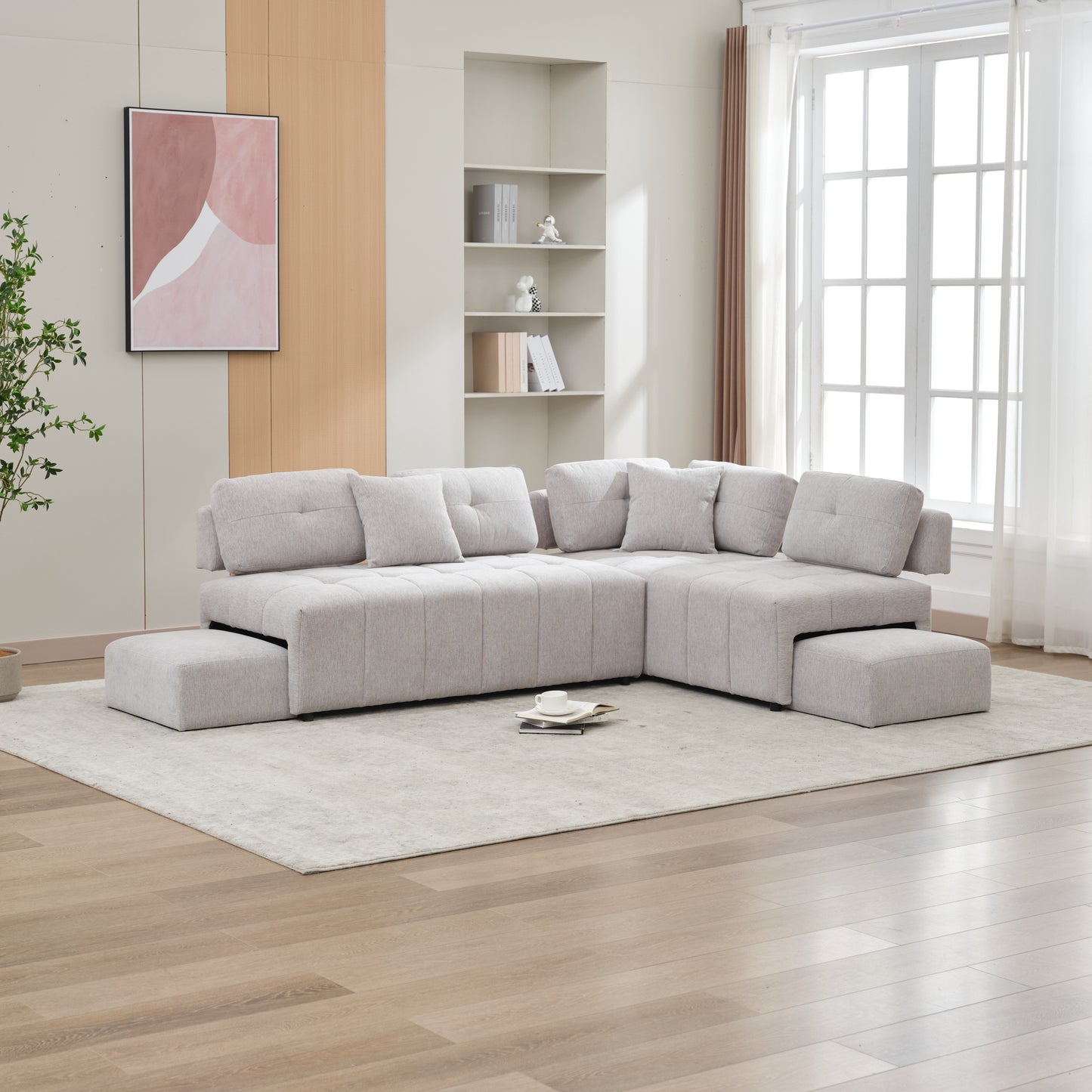 91.73" L-shaped Sofa Sectional Sofa Couch with 2 Stools and 2 Lumbar Pillows for Living Room, Light Grey