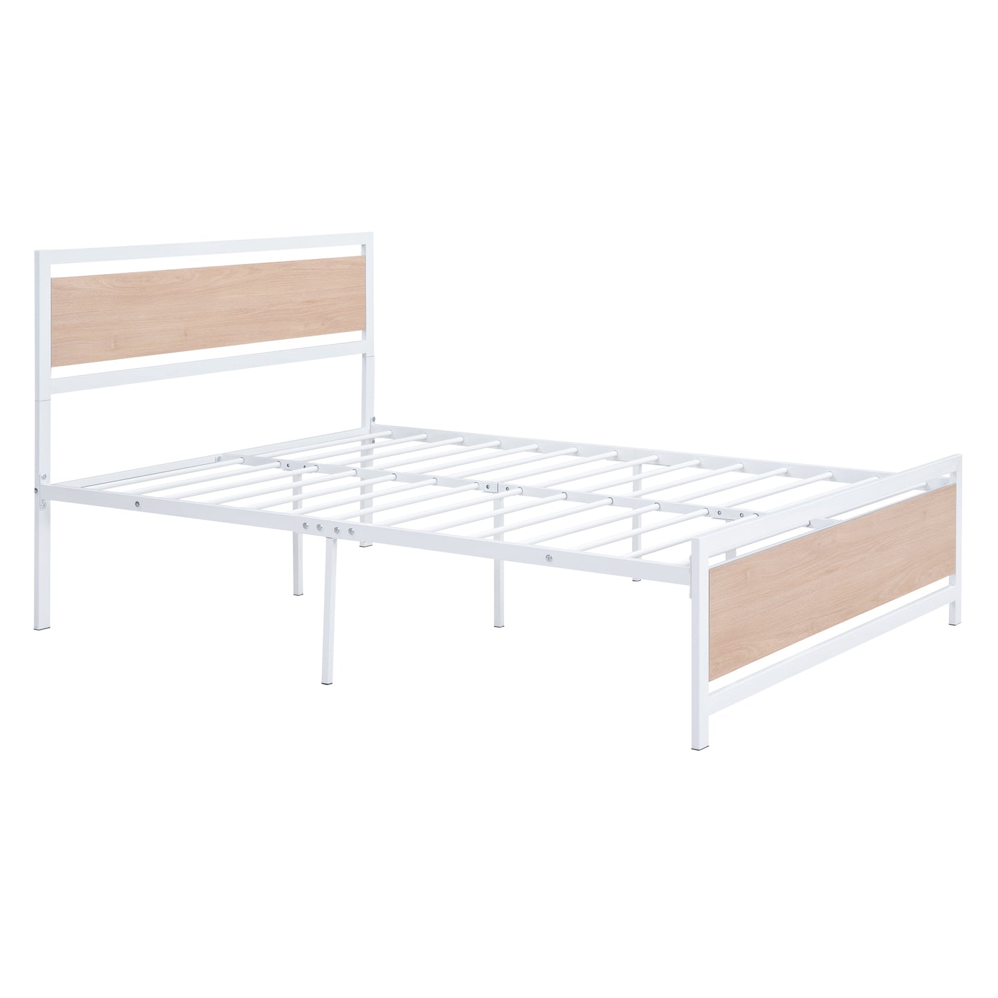 Full Size Platform Bed, Metal and Wood Bed Frame with Headboard and Footboard , White