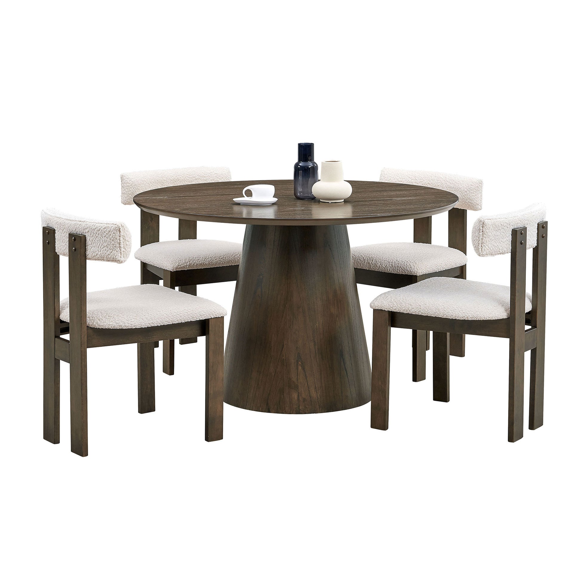 (1 Table with 4 Chairs)Wooden Dining Table Set, Modern Round MDF Kitchen Table and Boucle Upholstered Dining Chairs for Dining Room, Kitchen, Saving Space,Walnut