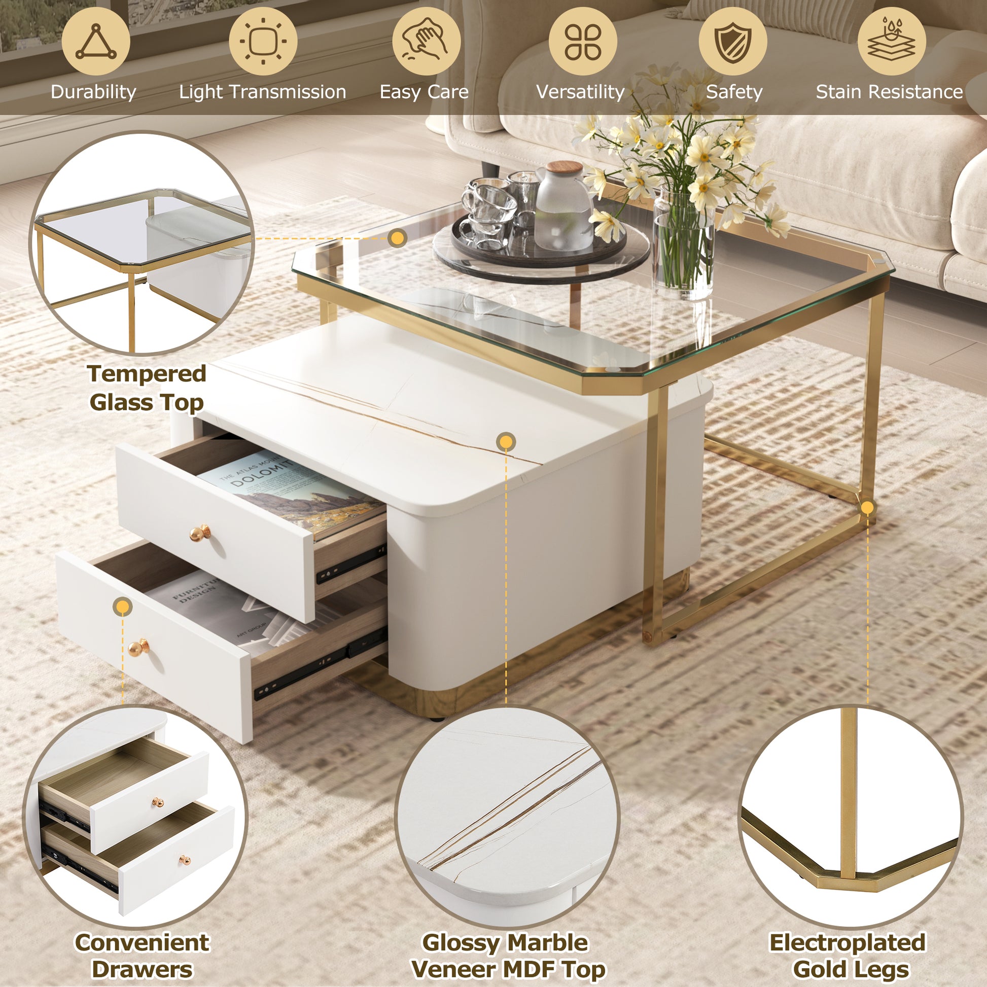 Modern 2 Pieces White  Square Nesting  Coffee Table with Drawers & Electroplated gold legs in 27.6''