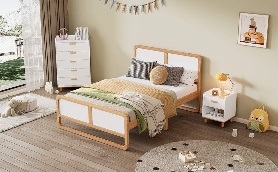 Modern Style Queen Size Solid Wood Platform Bed for  Kids, Teens, Adults, No Need Box Spring, Walnut and White