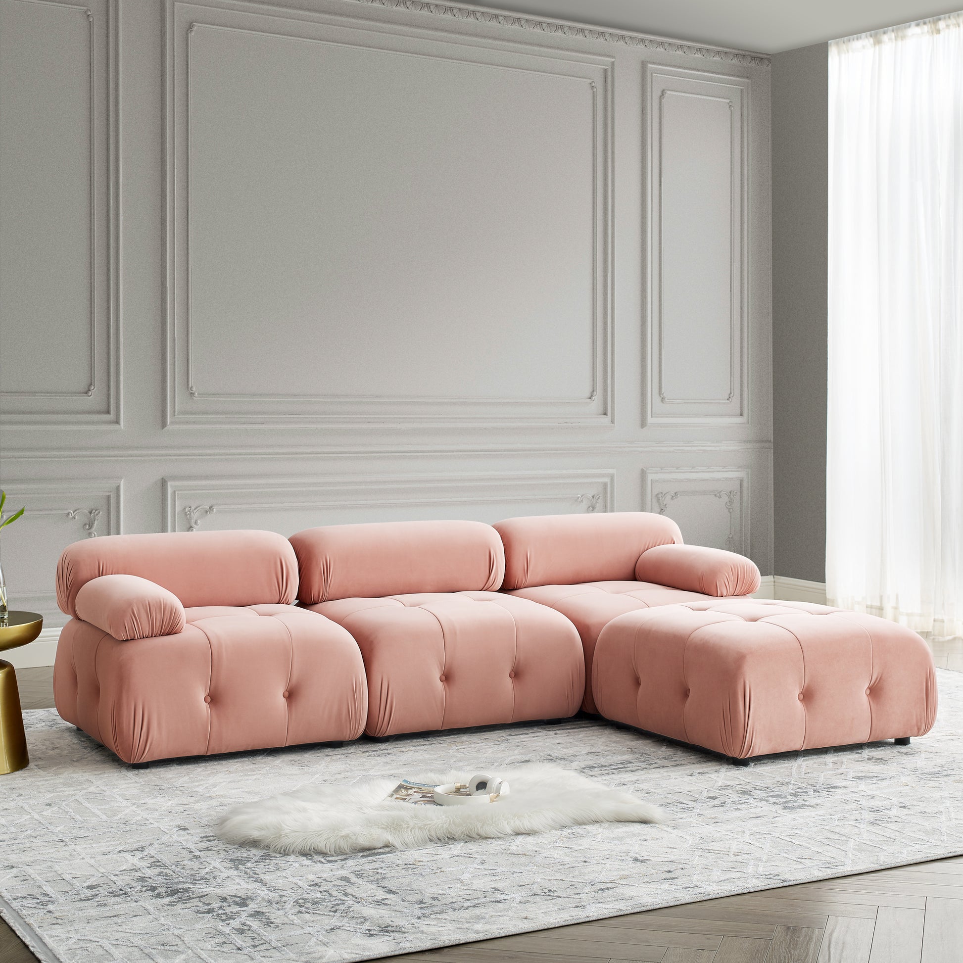 Modular Sectional Sofa, Button Tufted Designed and DIY Combination,L Shaped Couch with Reversible Ottoman, Pink Velvet