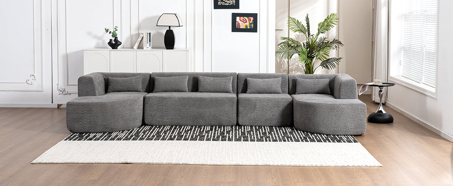 143.7" Upholstered Sofa Free-combined Sofa Couch with Two Chaise Lounge and Five Back Pillows for Living Room, Light Gray