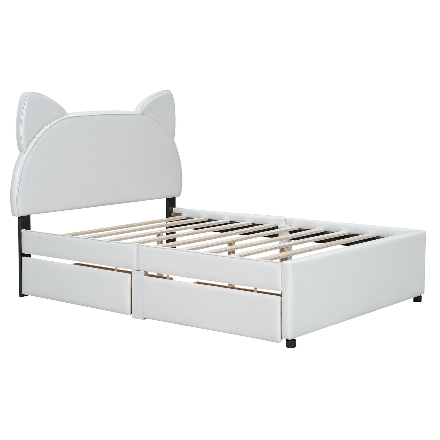 Full Size Upholstered Platform Bed with Cartoon Ears Shaped Headboard and 2 Drawers, White