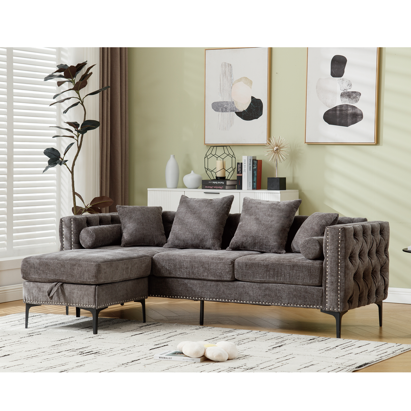 [NEW ARRIVED] [VIDEO PROVIDED]L Shaped Sectional Sofa , Convertible Storage Ottoman,Chenille ,Square Arm,  Modern Tufted Couch ,3 Seater, And Nailhead, Dark gray