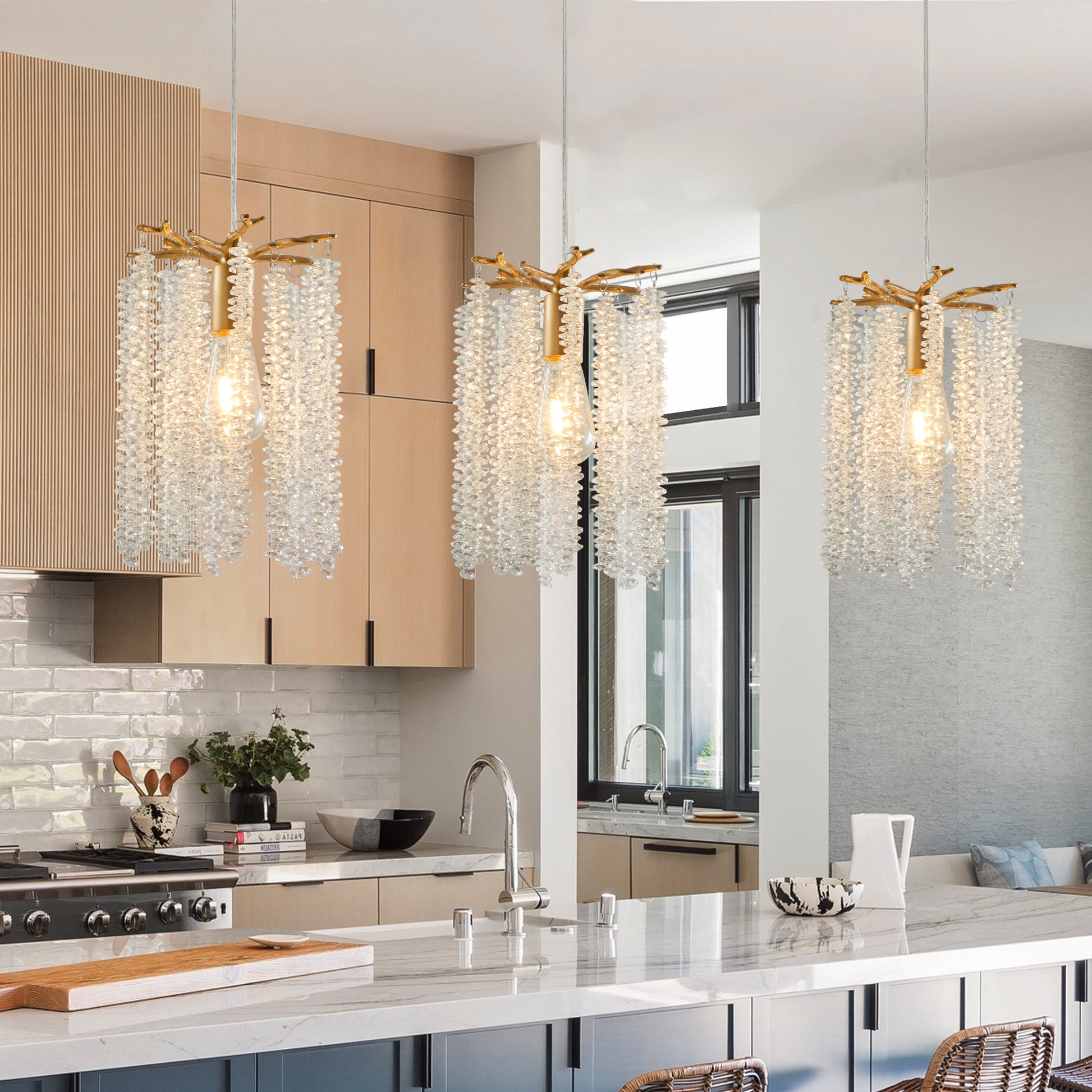 Luxury 3-Pack Crystal Pendant Lights, Elegant Golden Finish Chandelier with Waterfall Bead Design (No Bulbs)