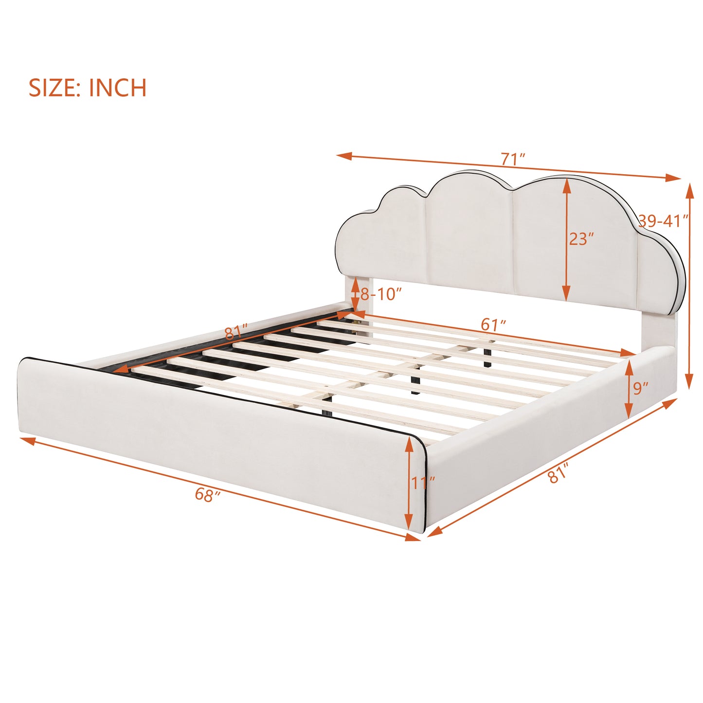 Queen size Upholstered Platform Bed with Cloud-shaped Headboard, Beige