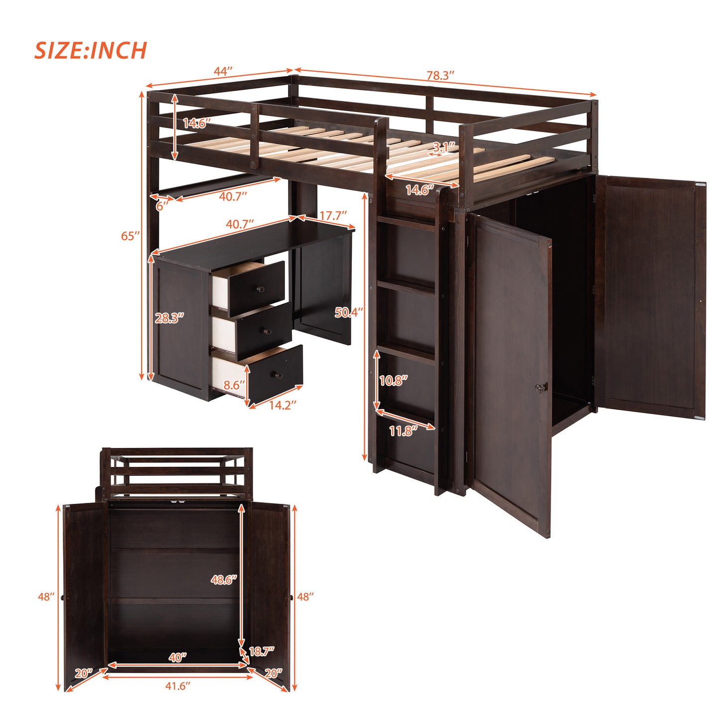 Twin size Loft Bed with Drawers,Desk,and Wardrobe-Espresso