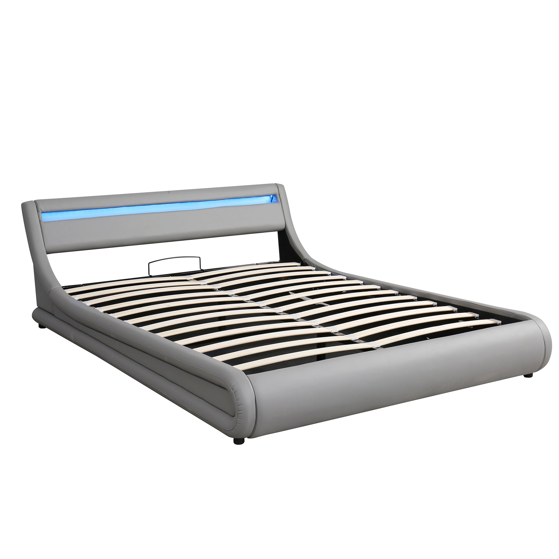 Upholstered Faux Leather Platform bed with a Hydraulic Storage System with LED Light Headboard Bed Frame with Slatted Queen Size