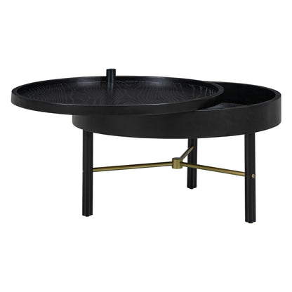 Modern Round Wood Rotating Tray Coffee Table with Storage & Metal Legs in Black