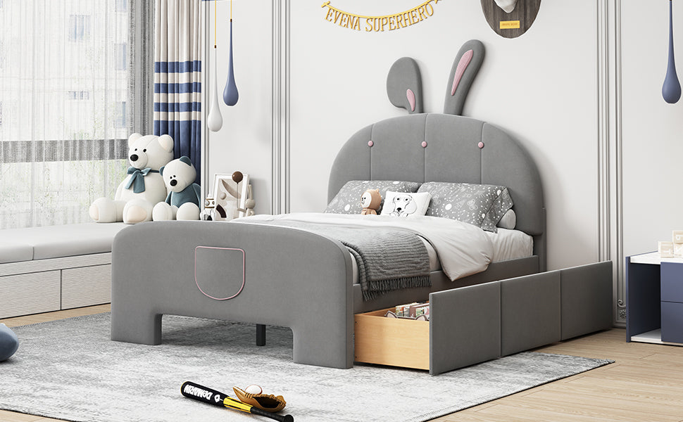 Full Size Velvet Platform Bed with Rabbit-Shaped Headboard, with Drawers, with Bed-End Storage Pocket, Gray