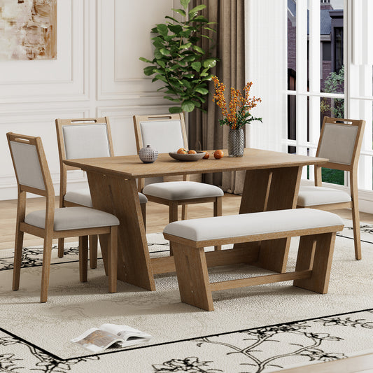 TREXM 6-Piece Modern Retro Dining Set, 1 Rectangular Table with Stable Trapezoidal Table Base and 4 Upholstered Chairs and 1 Bench for Dining Room and Kitchen (Natural Wood Wash)