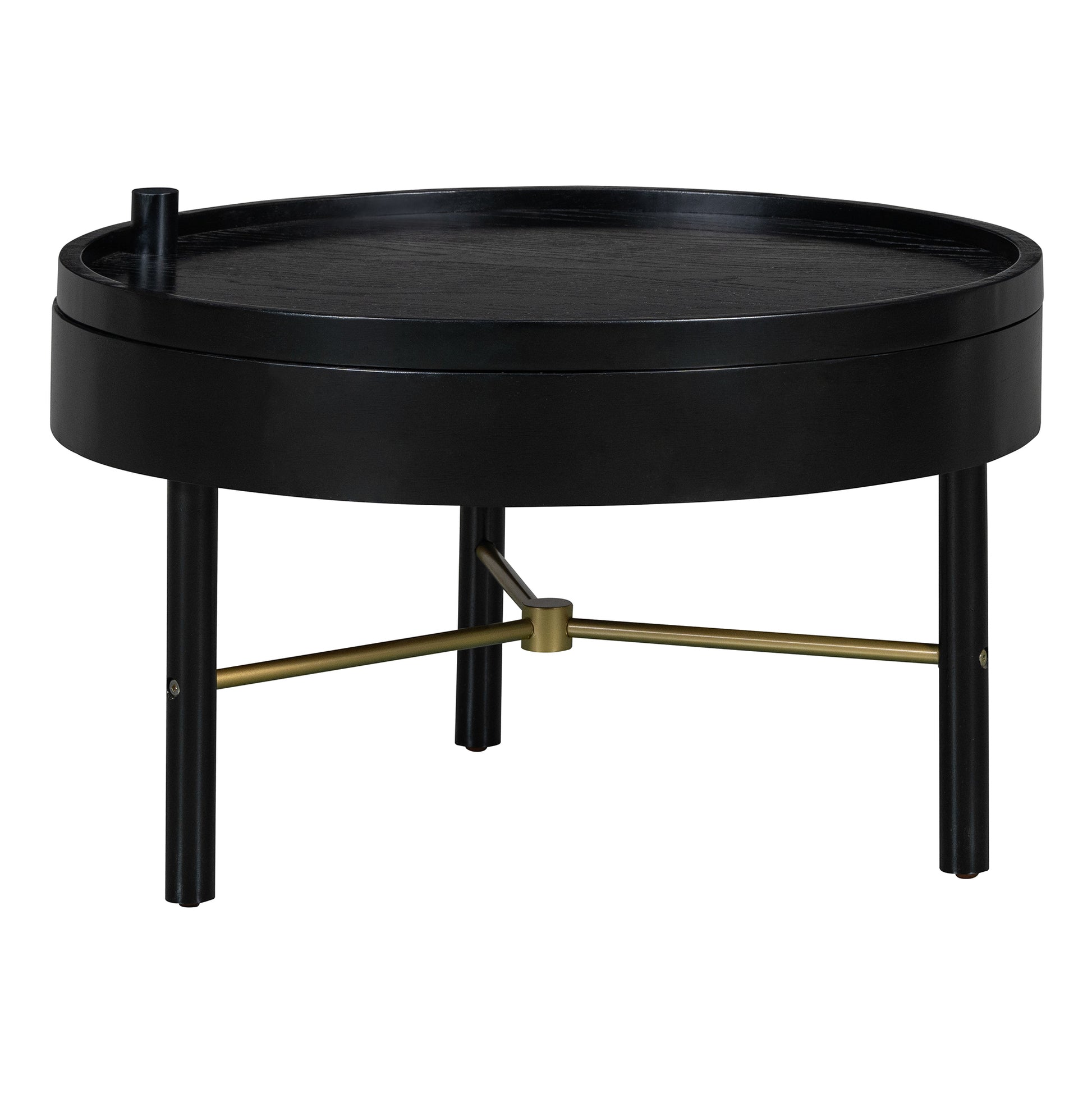 Modern Round Wood Rotating Tray Coffee Table with Storage & Metal Legs in Black