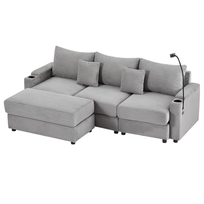 95.3" Modern Style 3-Seater Sofa Sectional Sofa Couch with Storage Space, A Movable Ottoman, Two USB Ports, Two Cup Holders, A Phone Holder for Living Room, Grey