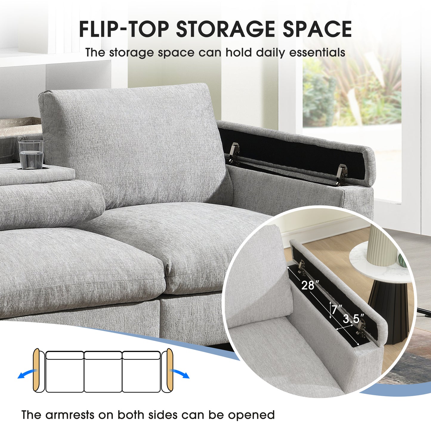 96*35''Chenille Sectional Sofa with Bluetooth Speaker,Comfy Cloud Couch Set with Drop Down Table,Cup Holders,USB Charger,Storage Armrest,Wide Seat Sofa for Living Room,Apartment,Office,3 Colors