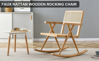 Solid wood+imitation rattan rocking chair allows you to relax quietly indoors and outdoors, enhancing your sense of relaxation, suitable for balconies, gardens, and camping sites