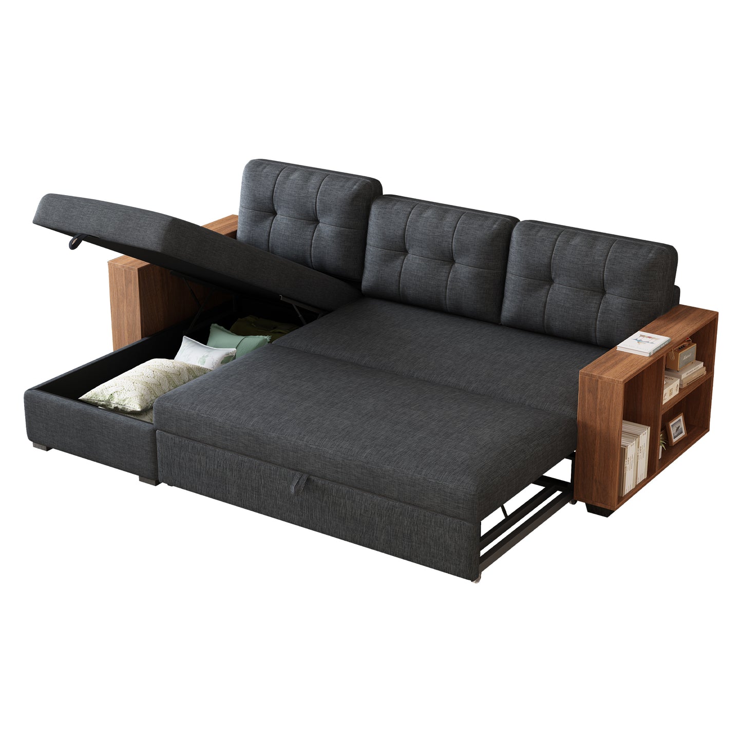 Upholstered Pull Out Sectional Sofa with Storage Chaise, Convertible Corner Couch, Dark Grey-Wooden handrail