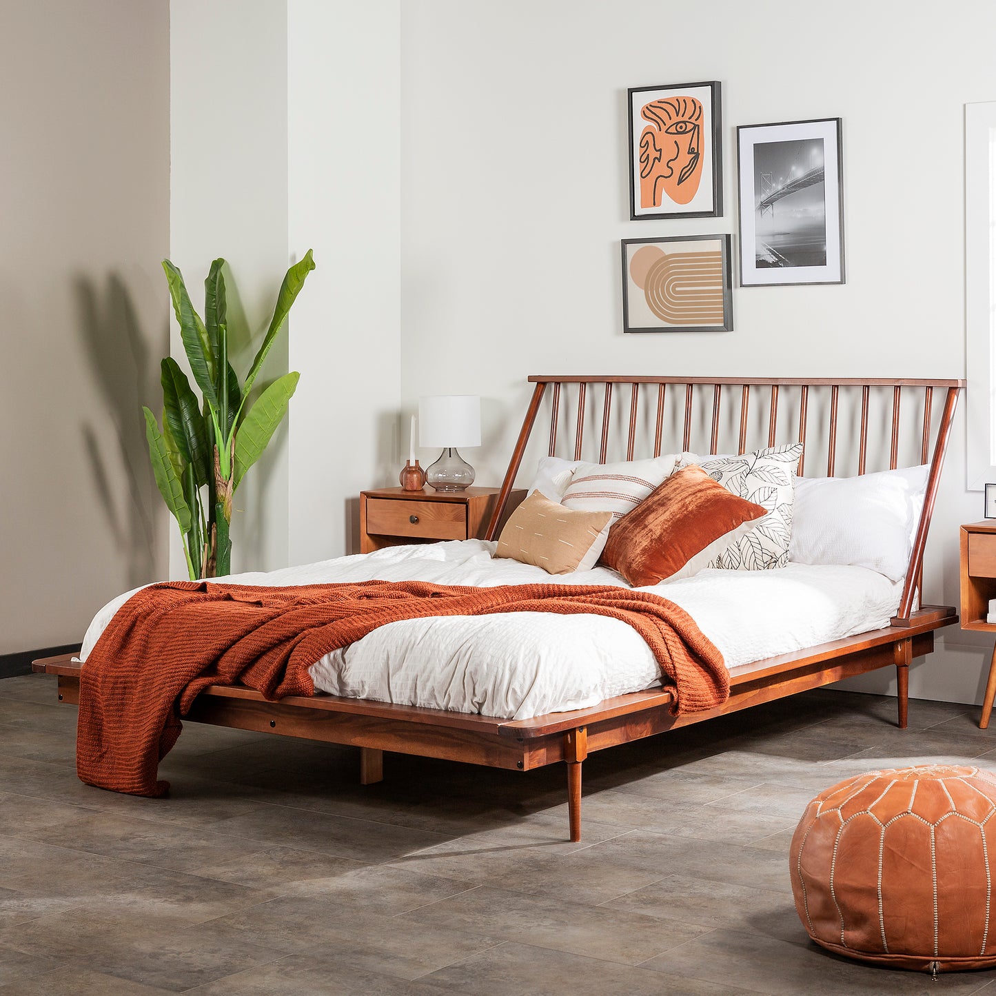 Mid-Century Modern Solid Wood Queen Platform Bed Frame with Spindle Headboard - Walnut