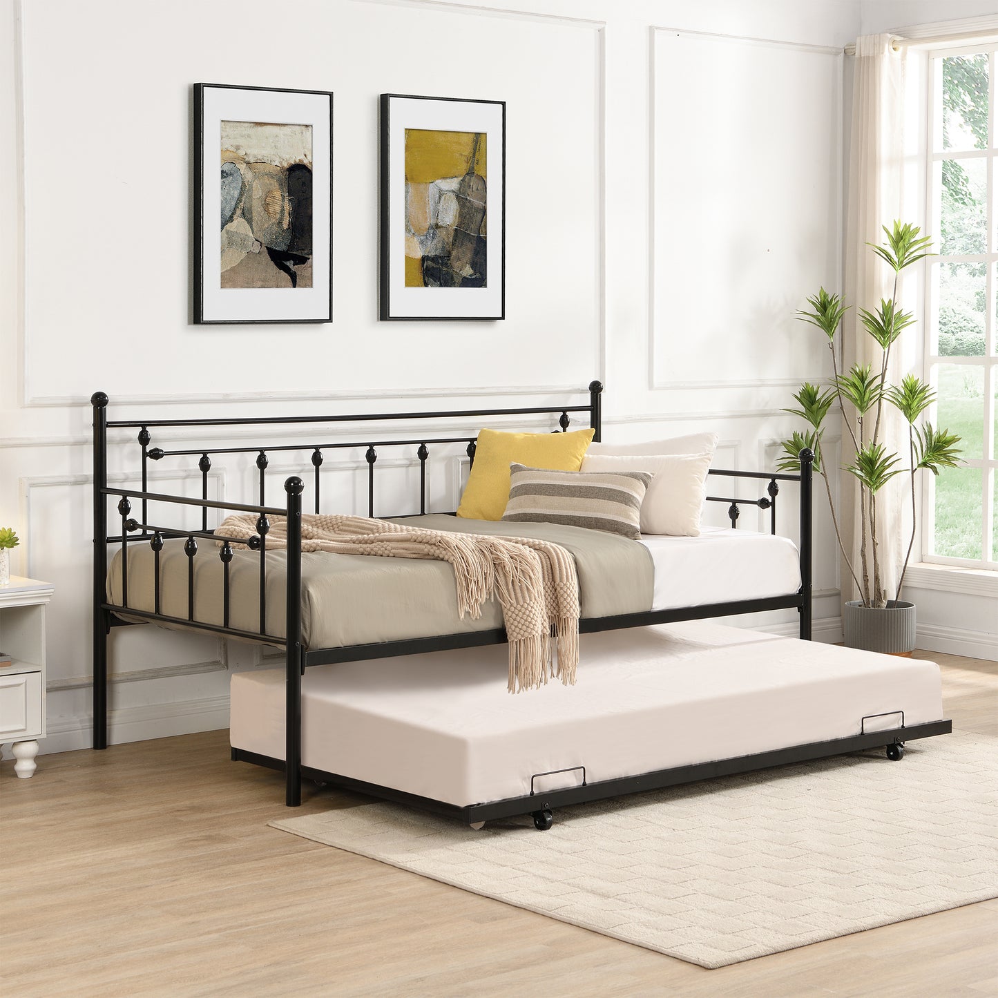 Twin Size Metal Daybed with Pull Out Trundle, Modern 2 in 1 Sofa Bed Frame for Kids Teens Adults,Single Daybed Sofa Bed Frame for Bedroom Living Room Guest Room,No Box Spring Needed