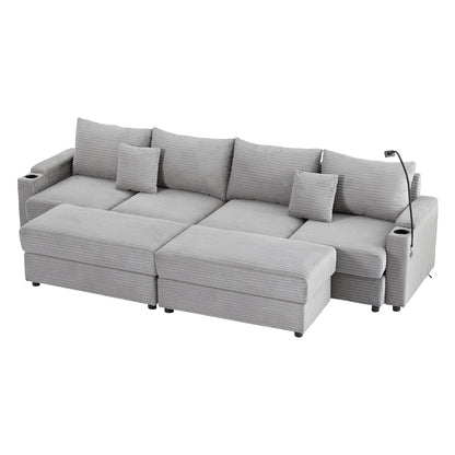 123.2" Modern Style 4-seater Sofa Sectional Sofa Couch with Storage Space, Two Movable Ottomans, Two USB Ports, Two Cup Holders, A Phone Holder for Living Room, Grey