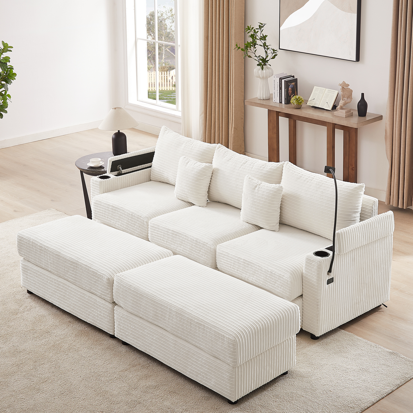 95.3" Modern Style 3-Seater Sofa Sectional Sofa Couch with Storage Space, Two Movable Ottomans, Two USB Ports, Two Cup Holders, A Phone Holder for Living Room, Beige