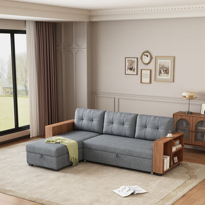 Upholstered Pull Out Sectional Sofa with Storage Chaise, Convertible Corner Couch, Light Grey-Wooden handrail