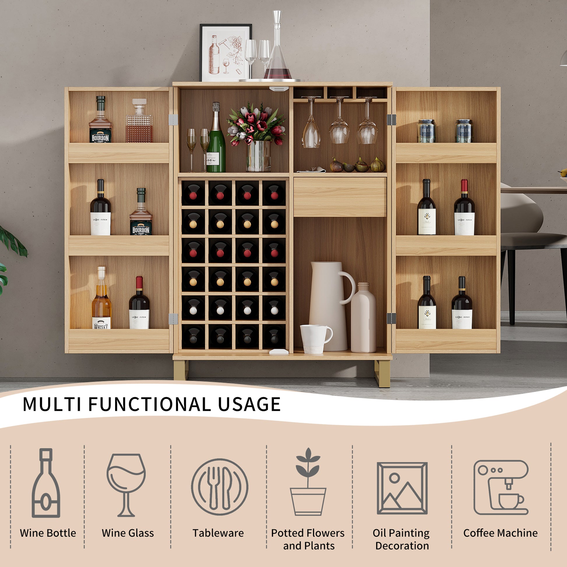 42.5" Modern Home Bar Cabinet Carved Wine Cabinet with Storage