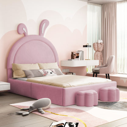 Full size Upholstered Rabbit-Shape Bed with 2 Storage Stools, Velvet Platform Bed with Cartoon Ears Shaped Headboard, Pink