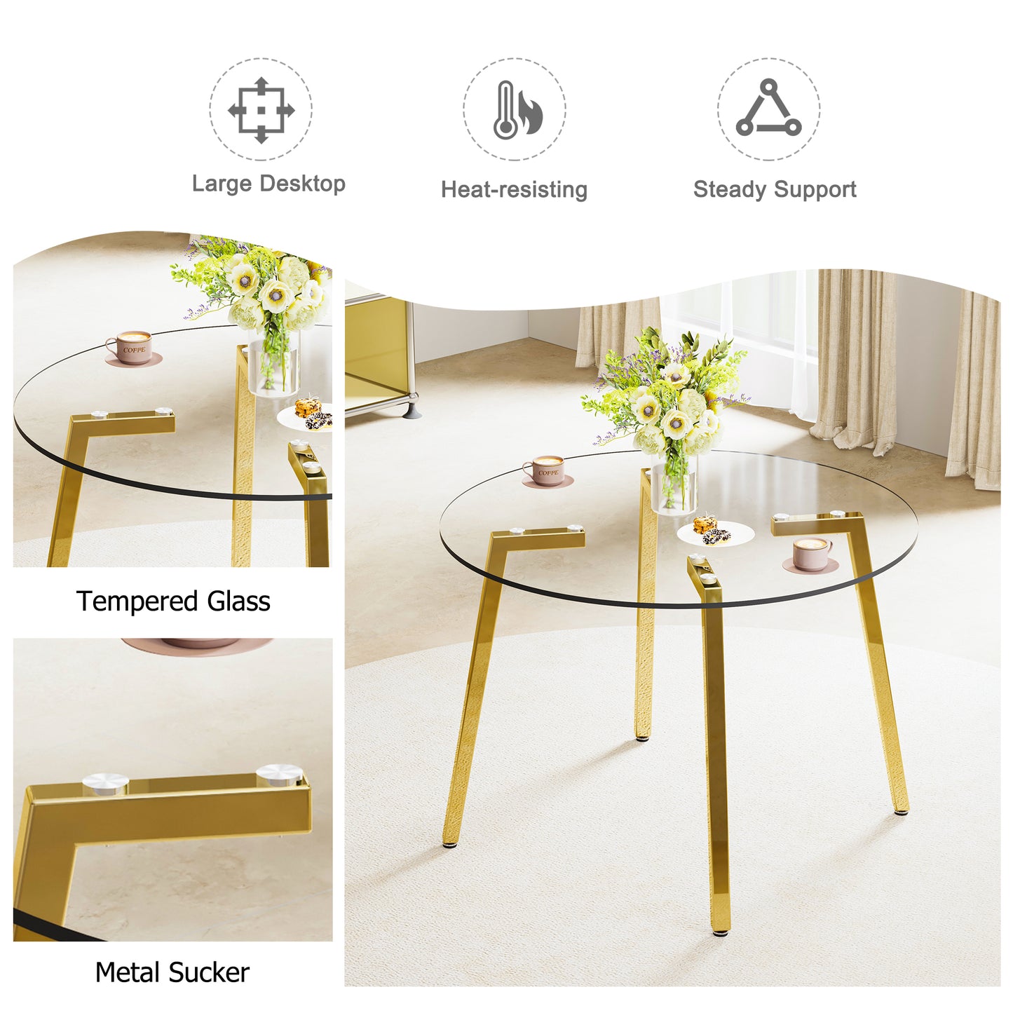 Table and chair set.Modern Luxurious Round Tempered Glass Dining Table Set-40*40 inch with 4 Light Gray PU Chairs.C-tube Gold Metal Chair Legs.Bring a comfortable home experience to the kitchen.