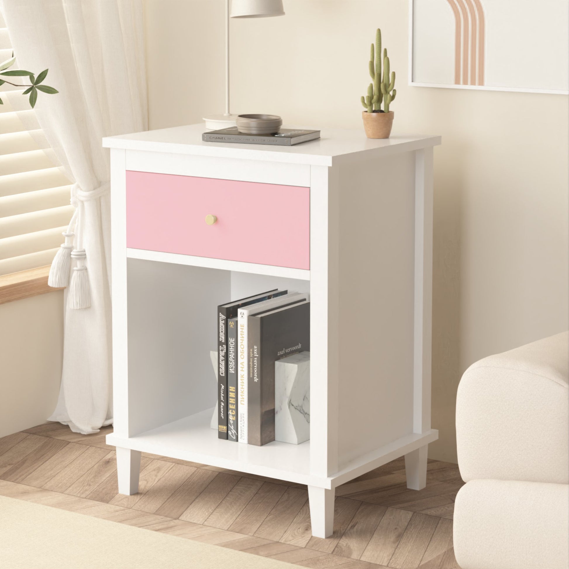 26.77''H Wooden Nightstand with One Drawer One Shelf for Kids, Adults, Pink - Groovy Boardz