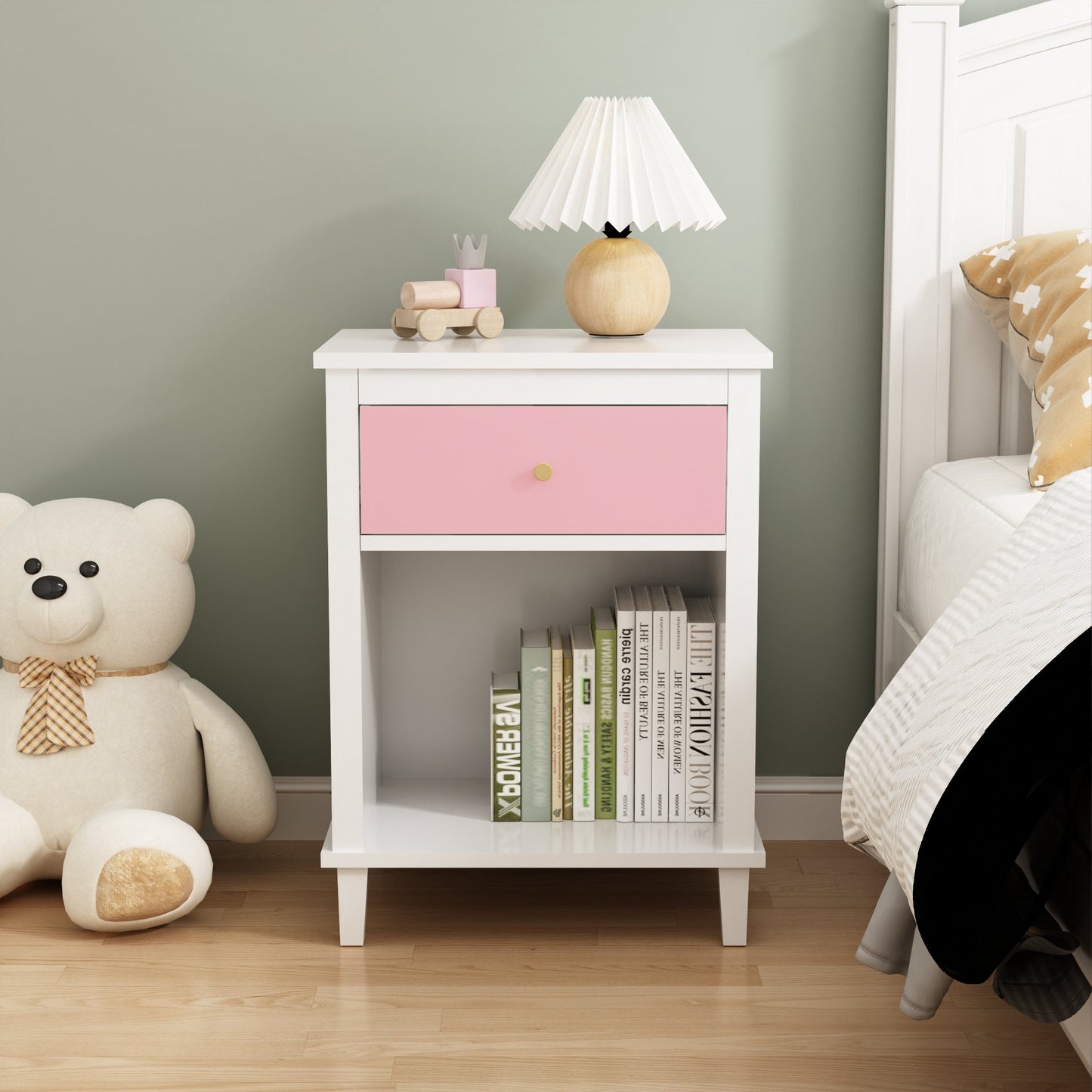 26.77''H Wooden Nightstand with One Drawer One Shelf for Kids, Adults, Pink - Groovy Boardz