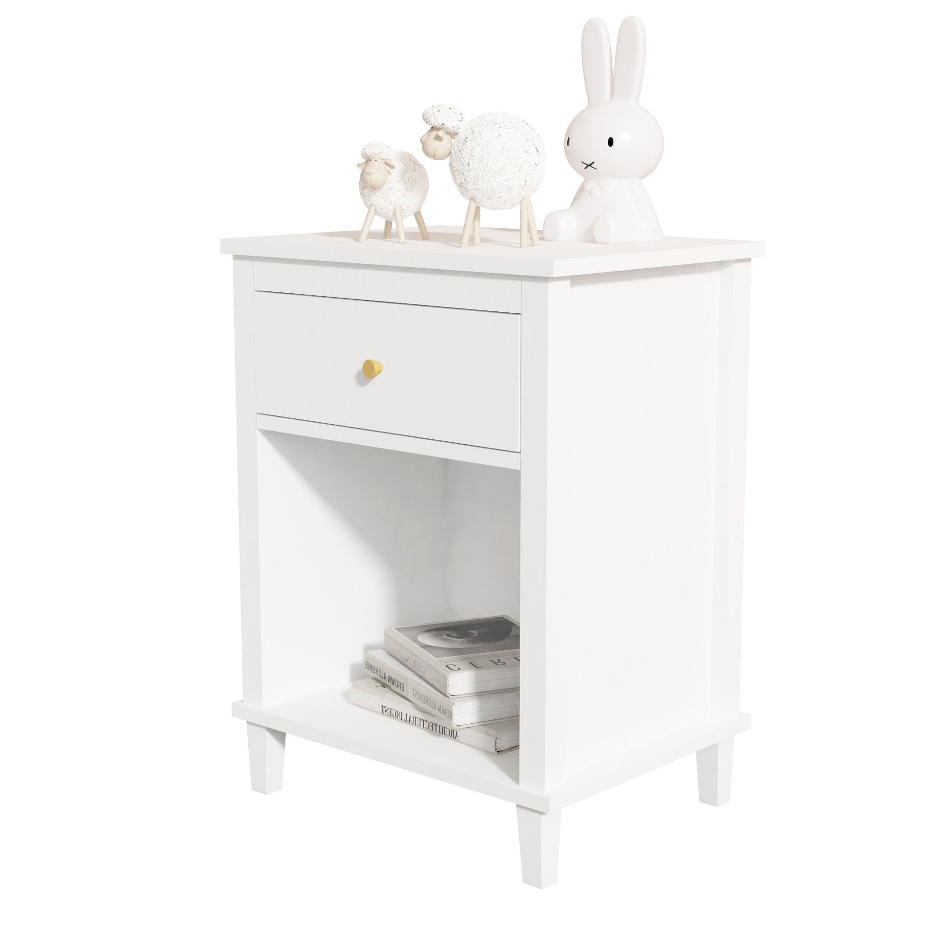 26.77''H Wooden Nightstand with One Drawer One Shelf for Kids, Adults, White - Groovy Boardz