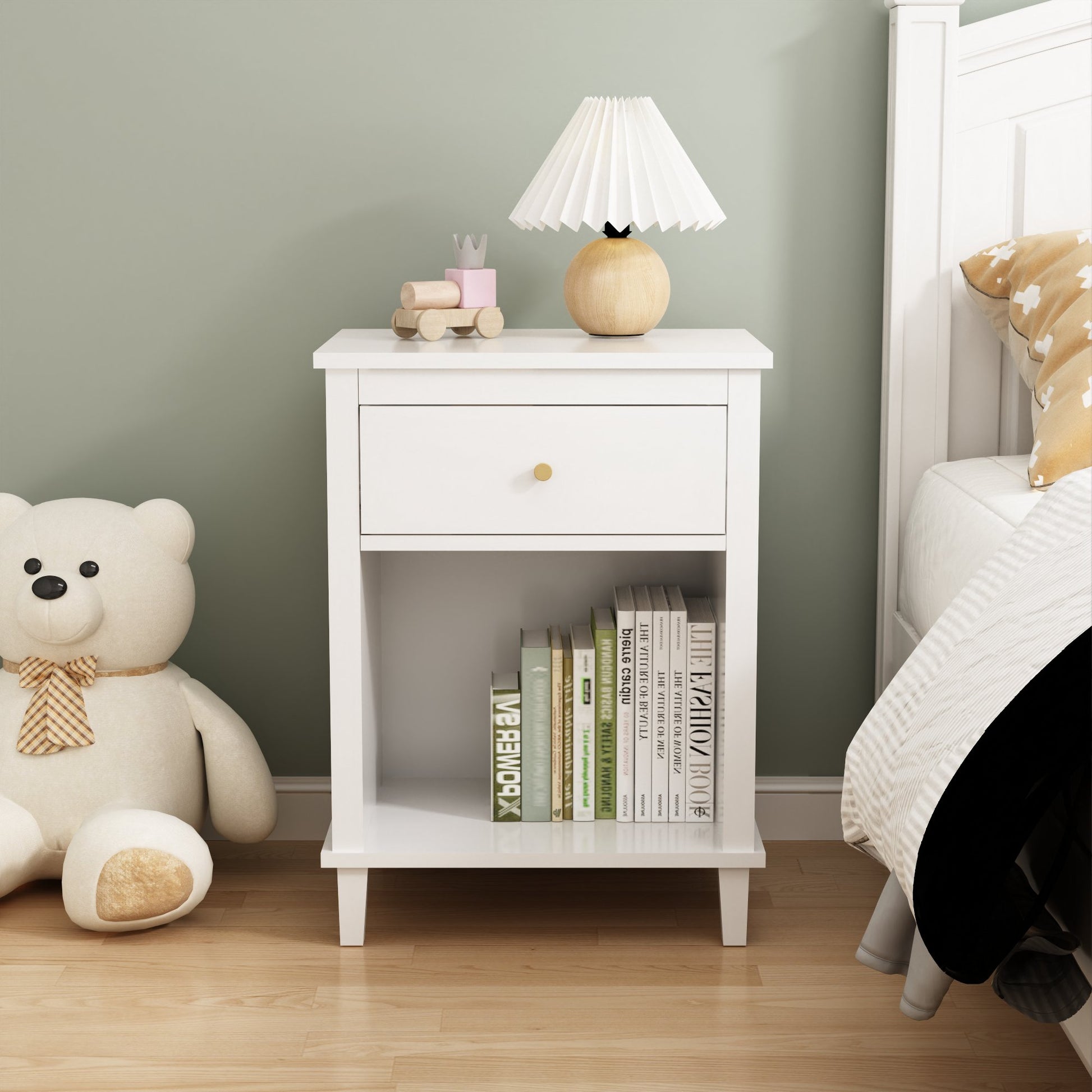 26.77''H Wooden Nightstand with One Drawer One Shelf for Kids, Adults, White - Groovy Boardz