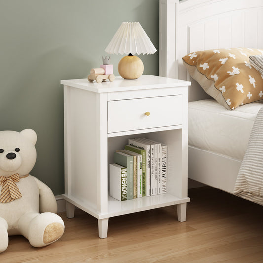 26.77''H Wooden Nightstand with One Drawer One Shelf for Kids, Adults, White - Groovy Boardz