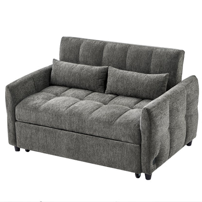 52.8" Loveseat Sofa Pull-out Sofa Bed Tufted Sleeper Sofa with an Adjustable Backrest, Three USB Ports and Two Lumbar Pillows for Living Room, Grey