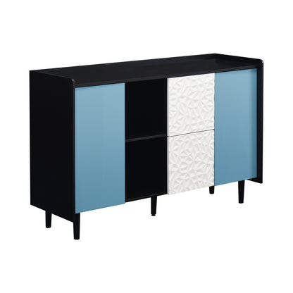 Sideboard Buffet Cabinet, Black Storage Cabinet with Blue Doors , 2 Drawers with unique panel styling and 2 Open Storage Compartment, Modern Coffee Bar Cabinet Accent Cabinet for Kitchen, Dining Room,