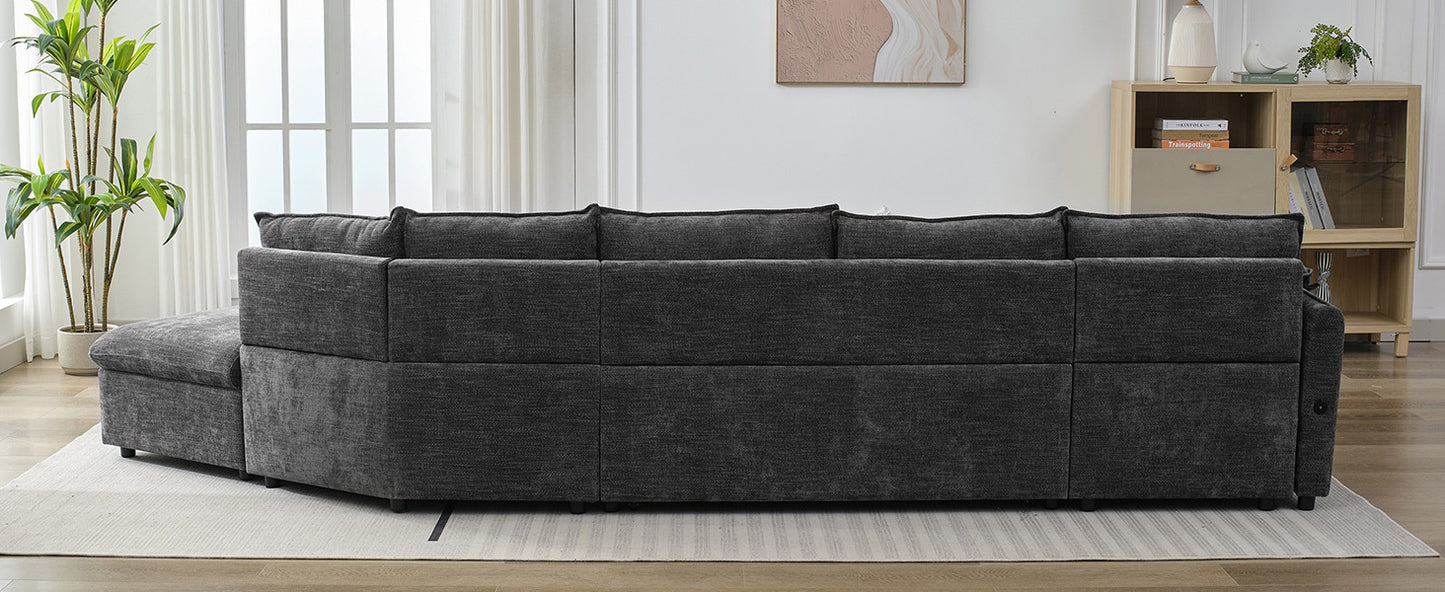 146.9" L-shaped Sofa Sectional Sofa Couch Pull-out Sofa Bed with a Movable Storage Ottoman, a Storage Chaise Lounge and Two USB Ports for Living Room, Grey