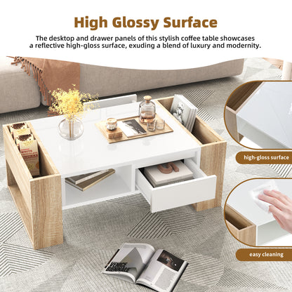 ON-TREND High Glossy Coffee Table with 2 Drawers, Practical Two Tone Center Table with Hidden Compartments, Rectangle Cocktail Table with Open Storage Shelf for Living Room, Bedroom, White, 41.3*23.6"