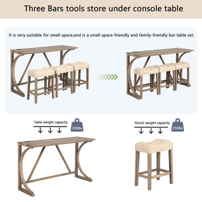 4-Piece Bar Table Set with Power Outlet, Dining Bar Table and Chairs Set,Bar Table Set with 3 Padded Stools for Living Room, Dining Room, Game Room, Brown